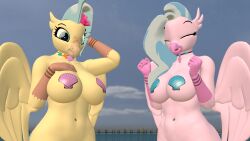 16:9 3d anthro anthrofied avian big_breasts breasts digital_media_(artwork) duo european_mythology female freckles friendship_is_magic greek_mythology hair hasbro hi_res hippogriff holding_breast mostly_nude multicolored_hair my_little_pony my_little_pony:_the_movie_(2017) mythological_avian mythology outside papadragon69 pink_body princess_skystar_(mlp) silverstream_(mlp) two_tone_hair water widescreen yellow_body