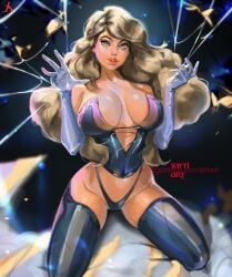 blonde_hair blue_eyes corset gwen_stacy kneeling large_breasts long_gloves long_hair marvel marvel_comics spider-gwen spider-man_(series) tattiart thighhighs thong