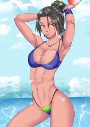 1girls abs amber_eyes armpits beach beachball bikini black_hair ferulaboy fit_female original original_character rainbow_bikini seaside