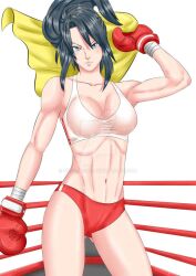 abs black_hair blue_eyes boxing_gloves boxing_ring ferulaboy fit_female large_breasts muscular_female original original_character sports_bikini sports_bra towel