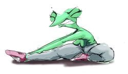 amphibian anthro biphony_(rubbish_chameleon) breasts clothing exposed_breasts female footwear frog rubbish_chameleon shoes sneakers solo stretching thick_thighs workout_clothes