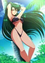 1girls beach bikini bishoujo_senshi_sailor_moon danmakuman earrings female female_only green_hair hands_behind_head leaning medium_breasts palm_tree setsuna_meiou solo swimsuit