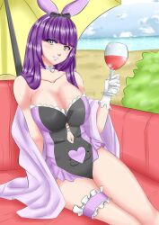 1girls beach bunny_ears ferulaboy gloves long_hair looking_at_viewer navel_cutout one-piece_swimsuit original original_character purple_eyes purple_hair seaside towel wine_glass