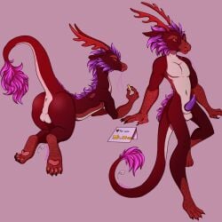 absurd_res anthro anus ass balls claws digital_media_(artwork) dragon erection feral fur genitals hair hi_res looking_at_viewer male nude penis purple_hair ramerooni red_body red_eyes scalie simple_background smile solo text