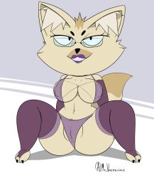 absurd_res big_breasts breasts canid canine clothed clothing ears_up evil_look female fennec fox foxart950 fur hi_res lingerie looking_at_viewer mammal mr_valentine00 partially_clothed shortstack simple_background smile smiley_face solo thick_thighs