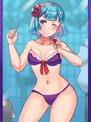 blue_eyes blue_hair blush coco_pommel equestria_girls flower_in_hair friendship_is_magic hourglass_figure humanized iojknmiojknm medium_breasts medium_hair my_little_pony needle spool thick_thighs thread underwear wink