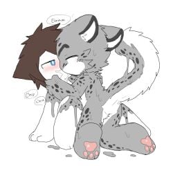 anthro blue_eyes blush blushing brown_hair changed_(video_game) changedtiger closed_eyes drool drooling fur furry grey_fur heart holding_head kissing latex latex_transformation lin_(changed) making_out snep snow_leopard snow_leopard_(changed) spots transformation