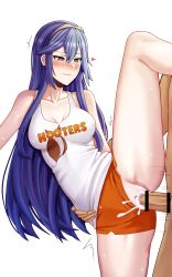 1girls alternate_costume bare_legs biting_lip blue_eyes blue_hair blush breasts censored collarbone cum cum_in_pussy cum_inside female_focus fire_emblem fire_emblem_awakening heart-shaped_pupils hooters leg_up long_blue_hair lucina_(fire_emblem) medium_breasts naughty_face nintendo pussy saikunartworks sex shorts smile solo_focus sweat symbol-shaped_pupils tank_top tiara vaginal_penetration white_background