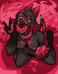 anthro areola barbell_piercing bat black_body black_fur black_hair breasts collar collar_only ear_piercing facial_piercing fangs female fur hair half-closed_eyes highlights_(coloring) industrial_piercing kneeling long_tongue mammal narrowed_eyes nipple_barbell nipple_piercing nipples nose_piercing nose_ring nude open_mouth piercing pubed red_areola red_highlights red_nipples ring_piercing slaughterhouse_(suto) slightly_chubby slightly_chubby_anthro slightly_chubby_female solo teeth tongue tongue_piercing trans_(lore) trans_woman_(lore) wonderslug