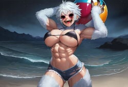 paigen ai_generated original original_character abigail_(paigen) horror horror_(theme) monster_girl 1girls female breasts yeti yeti_girl short_hair white_hair messy_hair muscular muscles black_eyes hollow_eyes huge_breasts tall_female fur white_fur claws blood sharp_teeth saliva beach sand water ocean clothes clothed clothing swimsuit bikini shorts denim_shorts daisy_dukes beach_ball