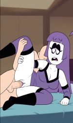 spooky_month lila_(spooky_month) goth_girl purple_hair white_skin pale-skinned_female pale_skin purple_dress thighhighs boots cleavage moaning_in_pleasure moaning spooning spoon_position vaginal_penetration srpelo ai_generated clothed_female_nude_male