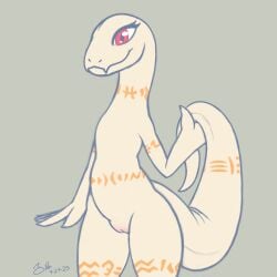 2025 5_fingers albino anthro arm_tattoo belly_tattoo big_eyes big_tail blush body_blush crusch_lulu cute_fangs dated digital_drawing_(artwork) digital_media_(artwork) eyelashes fangs featureless_chest female female_anthro fingers flat_chested flat_colors front_view genitals grey_background hi_res holding_own_tail humanoid_hands innie_vulva leg_tattoo lizard lizardman lizardman_(overlord) long_neck long_tail neck_tattoo nude nude_anthro nude_female orange_tattoo overlord_(series) portrait procreate_(artwork) pupils red_eyes reptile scalie signature simple_background slit_pupils smile snout solo spe standing tail tail_dimple tail_tattoo tapering_tail tattoo teeth thick_tail thick_thighs thigh_tattoo three-quarter_portrait tribal tribal_tattoo vulva vulva_blush white_body white_outer_labia white_vulva wide_hips