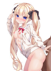 1boy 1girl absurdres ahoge akino_(chikarrr) bad_id bad_pixiv_id black_bow blonde_hair blue_eyes blunt_bangs blush bow bowtie breasts breasts_out censored closed_mouth collared_shirt comiket_102 commentary_request cowboy_shot eyes_visible_through_hair fang from_side hair_bow hand_up heart heart_censor hetero highres lips long_hair long_sleeves looking_at_viewer medium_breasts nipples nose_blush nude open_clothes open_shirt original out-of-frame_censoring raised_eyebrows red_bow red_bowtie school_uniform sex sex_from_behind shirt simple_background skin_fang smile solo_focus star_(symbol) straight_hair sweatdrop textless_version twintails v very_long_hair white_background white_shirt