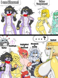 8girls abs anubis_(jjba) armor beer black_hair blonde_hair boots bracelet bracelets braid broken_sword fire gloves green_hair helmet hermit_purple hierophant_green imposter impostor jojo's_bizarre_adventure judgement_(jjba) khnum large_ass large_breasts loincloth lore_inaccurate magician's_red mannungei orange_(fruit) ponytail possession red_hair red_scarf shirtless short_hair sideboob silver_chariot silver_hair smoking star_platinum stardust_crusaders the_fool_(jjba) thick_thighs thighhighs topless yellow_hair yellow_highlights yellow_temperance