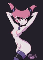 1girls 2018 arms_up breasts clothing dc_comics female jinx_(dc) nipples purple_legwear purple_thighhighs short_hair small_breasts smile solo teen_titans thighhighs vanillabeeens wide_hips