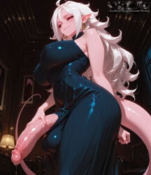 1futa 1futanari 1girl absurd_res absurdres ahoge ai_generated android_21 android_21_(evil) artist_name bare_shoulders black_dress black_sclera breasts bulge closed_mouth clothing cock_keyhole_clothing colored_sclera colored_skin covered_navel covered_nipples covered_penis covered_testicles dragon_ball dragon_ball_fighterz drawing_(object) dress ear_piercing earrings erection female from_below futanari hair_between_eyes half-erect hoop_earrings huge_penis huge_testicles impossible_clothes indoors intersex jewelry lamp large_breasts large_penis large_testicles long_dress long_hair looking_at_viewer majin_android_21 messy_hair niraniri patreon_username penis penis_grab penis_out picture_frame piercing pink pink_skin pointy_ears precum precum_drip red_eyes skin_tight sleeveless sleeveless_dress smile solo tail testicles veins veiny_penis web_address white_hair