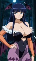 1girls solo breasts large cleavage aoki_reika bangs bat_wings big_breasts blue_eyes blue_hair blunt_bangs cosplay darkstalkers female female_only head_wings hime_cut large_breasts long_hair huge looking_at_viewer morrigan_aensland_(cosplay) pixiv precure pretty_cure reika_aoki skimpy_clothes smile_precure standing wings night moon forest woods nature pixai ai_generated smile