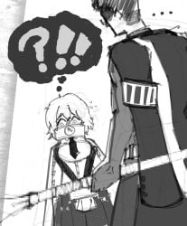1boy 1girls anger_vein angry belt black_necktie breasts buttons cape censored chained chained_wrists chains collar collared_shirt distortion_detective don_quixote_(limbus_company) eyeglasses gloves handcuffs harpoon holding holding_weapon index_(identity)_(project_moon) index_don_quixote jacket jacket_around_waist lance large_breasts limbus_company long_sleeves meme meursault_(limbus_company) necktie pants project_moon redo_of_healer scared shirt short_hair skirt text text_bubble vespa_(distortion_detective) white_background white_cape white_shirt