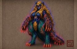 ai_edit ai_editing ai_generated anthro apex_arzuros big_breasts breasts claws deeply_saturated female full_body fur glowing_eyes goss_harag grok_edit hybrid invasive_arzuros mane monster_girl monster_hunter monster_hunter_rise monster_hunter_stories_3 muhut muscular_female red_glow scalie scars solo spikes tail thick_thighs yellow_claws
