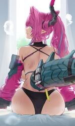 1girls arknights arknights:_endfield ass back_view backboob black_panties blue_eyes breasts closed_eyes dragon_girl female female_only from_behind hews_hack hi_res highres horns light-skinned_female light_skin long_ears long_hair looking_at_viewer looking_back panties pink_hair sitting solo solo_female sweat sweatdrop sweating tail underwear yvonne_(arknights:_endfield)