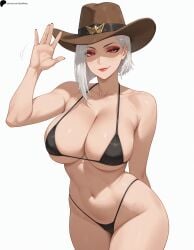 1girl 1girls ai_generated arm_behind_back armpit_crease ashe_(overwatch) bare_shoulders bikini black_bikini breasts brown_headwear closed_mouth collarbone female female_only hand_up hat hi_res high_quality high_resolution highres large_breasts light light_smile lips lipstick medium_hair midriff navel nose opal_nemy overwatch overwatch_2 patreon_logo patreon_url patreon_username plain_background red_eyes red_eyeshadow self_upload shadow shiny shiny_clothes shiny_hair shiny_skin simple_background solo thick_thighs thighs watermark waving white_background white_hair