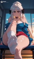 1girl 1girls absurd_res absurdres ai_generated angry arm_support ass bare_shoulders big_ass big_breasts black_bow black_choker blonde_hair blue_jacket blurred_background blurry blurry_background blush bow braid breasts brown_eyes cartoon cartoony choker cleavage closed_mouth collarbone depth_of_field desk dolphin_shorts fate/grand_order fate_(series) feet female female_focus female_only foot_fetish foot_focus foot_up foreshortening francesca_prelati_(fate) frown glaring grey_hair hair_bow heart heart_choker hi_res high_quality high_resolution highres indoors jacket jewelry knee_up large_ass large_breasts leg_up legs light-skinned_female long_hair long_sleeves looking_at_viewer nail_polish no_shoes odexai off_shoulder parted_bangs ponytail red_nails red_shorts ribbed_socks scowl short_shorts shorts side_braid sidelocks sitting sky small_waist socks soles solo solo_focus straight sweat tank_top thick_thighs thighs thin_waist toes v-shaped_eyebrows very_long_hair white_hair white_socks white_tank_top wide_hips window