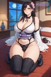 1girl ai_assisted ai_generated bedroom black_hair black_lingerie black_thighhighs blush curvaceous_body curvaceous_hips curvaceous_thighs curvy detailed_face final_fantasy_vii floating_hearts futa_is_smaller hair_flower half_closed_eyes heart_shaped_pupils heart_symbol high_quality hourglass_body huge_breasts huge_hips huge_thighs japanese_clothes lace_panties lace_thighhighs large_breasts large_thighs long_hair looking_at_viewer massive_thighs night panties_bulge parted_lips perfect_body red_eyes seductive_eyes sexy_pose shiny_skin shy small_balls small_penis_futa source_anime thick_hips thick_legs thick_thighs thighs thighs_bigger_than_head tifa_lockhart tsundere voluptuous wide_hips window