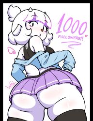 vextexel oc original_character furry_female furry anthro skirt from_below looking_back :o blush goat_girl goat tail stockings back_view ass ass_focus shortstack huge_ass bubble_butt undressing horns makeup