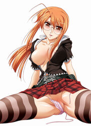 blush breasts cleavage clothing glasses hasegawa_chisame inner_thigh_dips jpeg_artifacts large_breasts mahou_sensei_negima mahou_sensei_negima! mutou_keiji open_clothes open_shirt panties shirt skirt spread_legs stockings striped striped_legwear striped_thighhighs thighhighs