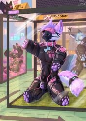 absurd_res anthro bdsm bitchsuit bondage_gear bulge canid canine canis clothing collar domestic_dog drone english_text fur gag group hi_res husky hypnotic_visor latex male mammal muzzle_gag nordic_sled_dog pet_store petplay puppyplay roleplay sanynebeystoll solo spitz store text trio