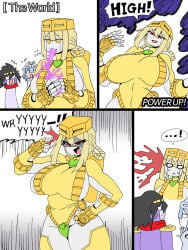 3girls black_hair bleeding blonde_hair blood braids eating fingering_herself fingering_self gloves heart hermit_purple jojo's_bizarre_adventure large_ass large_breasts mannungei red_eyes red_scarf rule_63 sideboob silver_chariot silver_hair star_platinum stardust_crusaders sweat text the_world thick_thighs thighhighs