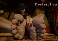 3d alcina_dimitrescu barefeet barefoot bedroom bedroom_setting big_feet big_hat dest desterotica feet female foot_fetish glowing_eyes resident_evil resident_evil_8:_village smile soles soles_fetish tagme taller_female