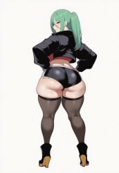 1girls ai_generated arms_crossed artist_request ass ass_focus belly_button big_ass big_breasts blush breasts bubble_ass bubble_butt commission curvy_figure fate_(series) female female_only genshin_impact hitomi_twins hourglass_figure huge_breasts imminent_sex latex_clothing latex_shorts latex_thighhighs leather_jacket light-skinned_female light_skin long_hair looking_at_viewer looking_back milf oc original original_character pale-skinned_female pale_skin pink_eyes revealing_clothes short_shorts shorts solo suggestive_look teal_hair thick_thighs thighhighs voluptuous_female wide_hips