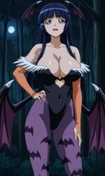 1girls solo breasts large cleavage aoki_reika bangs bat_wings big_breasts blue_eyes blue_hair blunt_bangs cosplay darkstalkers female female_only head_wings hime_cut large_breasts long_hair huge looking_at_viewer morrigan_aensland_(cosplay) pixiv precure pretty_cure reika_aoki skimpy_clothes smile_precure standing wings night moon forest woods nature pixai ai_generated smile