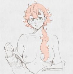 1girls blush breasts curly_hair eyebrows_visible_through_hair functionally_nude green_eyes gundam gundam_suisei_no_majo lighting long_hair looking_at_viewer nipples red_hair sketch slight_blush standing suletta_mercury sun_4x3 tied_hair undressing white_background