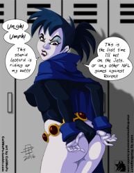 1girls 2016 ass big_ass big_breasts blue_hair breasts callmepo collaboration colored dialogue extreme_ghostbusters female ghostbusters goth goth_girl kylie_griffin locker locker_room lockers nipple_bulge outfit_swap pale-skinned_female pale_skin raven_(cosplay) solo struggling_to_fit text