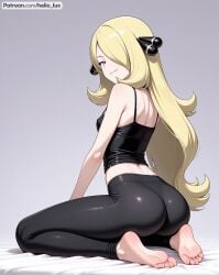 ai_generated ass back back_view black_yoga_pants blonde_hair breasts butt camisole clothed clothed_female cynthia_(pokemon) feet gray_eyes grey_eyes kneeling leggings legs perky_breasts perky_nipples petite petite_body petite_breasts petite_female petite_girl petite_tits pokemon pokemon_trainer skinny skinny_female small_breasts smirk smirking smirking_at_viewer teasing teasing_viewer thighs yoga_pants
