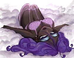 dark-skinned_female humanized my_little_pony my_little_pony_friendship_is_magic purple_bra purple_hair purple_stockings rarity_(mlp) scarlettsh3ll