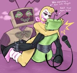 blush bowtie butt dandy's_world female femboy girly glisten_(dandy's_world) making_out male object_head overheated partially_clothed robot saliva screen_face sitting_on_lap surprised syndhart tail thighs tv_head twink vee_(dandy's_world)