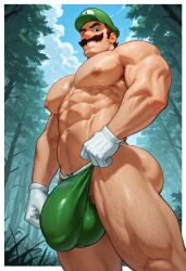 1boy ai_generated abs bulge brown_hair chest daddy dilf facial_hair green_hat green_speedo gloves hat huge_bulge light-skinned_male light_skin looking_at_viewer luigi male male_only male_nipples mario_(series) mature mature_male muscles muscular muscular_male manly nintendo nipples outdoors pecs smile short_hair solo solo_male solo_focus speedo trees white_gloves