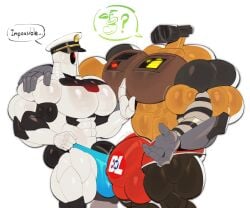 dymitr3 wall-e wall-e_(character) auto_(wall-e) robot robot_only two_males muscular muscular_male muscular_robot one_eye size_difference bulge thong surprised surprised_expression surprised_reaction getting_erect text text_bubble speech_bubble