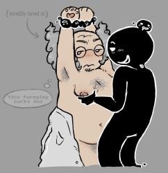 mewgenics dr_beanies_(mewgenics) steven_(mewgenics) steven_(time_fcuk) gay foreplay man_boobs body_hair male/male suggestive_pose wrists_tied dilf