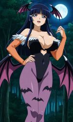 1girls solo breasts large cleavage aoki_reika bangs bat_wings big_breasts blue_eyes blue_hair blunt_bangs cosplay darkstalkers female female_only head_wings hime_cut large_breasts long_hair huge looking_at_viewer morrigan_aensland_(cosplay) pixiv precure pretty_cure reika_aoki skimpy_clothes smile_precure standing wings night moon forest woods nature pixai ai_generated smile