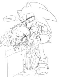 against_furniture against_surface against_table amy_rose anthro blush bodily_fluids boots breasts clothing clothing_pull dialogue dress duo eulipotyphlan eyelashes female footwear furniture genital_fluids gloves handwear hedgehog kosherea male male/female mammal nervous nervous_smile one_breast_out rough_sex sega sex shoes sonic_the_hedgehog sonic_the_hedgehog_(series) speech_bubble sweat table tears tears_of_pleasure