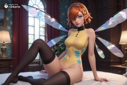 pointy_ears solo thighhighs wings breasts leotard pussy sitting indoors see-through covered_navel hairband hair_over_one_eye looking_at_viewer window on_bed blue_eyes medium_breasts lamp black_thighhighs covered_collarbone short_hair covered_nipples bare_arms orange_hair bare_shoulders knee_up nose uncensored artist_name yellow_leotard crotch_cutout clothing_cutout no_shoes highleg_leotard lips bed swept_bangs fairy_wings smile curtains crotchless nipples closed_mouth blurry arm_support collarbone blurry_background sleeveless see-through_leotard eyes_visible_through_hair day fairy brown_hair turtleneck highleg r34arts hi_res ai_generated gallica metaphor:_refantazio atlus 1girls female_human