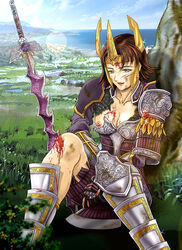 armor blood blood_on_breast blood_on_face blood_on_hand blood_on_leg blood_on_weapon breasts broken_armor brown_hair clothed day detailed detailed_background female female_only front_view ginchiyo_tachibana gloves greaves human lens_flare nipples outdoors pale_skin parted_lips sengoku_musou short_hair sitting sky solo sword tagme vambraces weapon wounded yellow_eyes