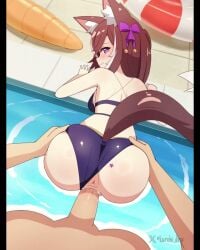 1boy animal_ear_fluff animal_ears animated anus ass bent_over bikini bikini_bottom_aside blue_bikini brown_hair clothing_aside dark-skinned_male erection female fox_ears fox_girl fox_tail highres indie_virtual_youtuber kurohi_drw long_hair looking_at_viewer looking_back penis poolside pov purple_eyes rima_evenstar sex sex_from_behind solo_focus straight swimsuit tagme tail uncensored vaginal_penetration video virtual_youtuber wading water