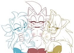 anthro areola auntymoira big_breasts black_nose blue_clothing blue_legwear blue_thigh_highs breasts clothing domestic_cat eulipotyphlan eyelashes eyes_closed fan_character felid feline felis female female_only front_view genitals group hedgehog hi_res hilda_the_hyena hyena legwear looking_at_viewer mammal navel nipples nude open_mouth open_smile purity_the_hedgehog red_clothing red_legwear red_thigh_highs sega smile snaggle_tooth sonic_the_hedgehog_(series) thick_thighs thigh_highs trio veronica_the_cat vulva wide_hips yellow_clothing yellow_legwear yellow_thigh_highs