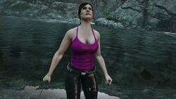 3d 3dcg alternate_outfit amanda_de_santa bare_shoulders belt belt_buckle blue_eyes brown_hair_female cleavage collarbone combat_knife dionys_ramirez edited_screencap emotionless emotionless_female expressionless game_mod grand_theft_auto grand_theft_auto_v highres holding_knife huge_breasts leather_pants long_hair_female mascara mature_woman milf mother older_woman ponytail rockstar_editor source_request unbothered uncaring_female wet_clothes wet_shirt
