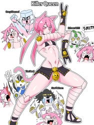 mannungei jojo's_bizarre_adventure diamond_is_unbreakable killer_queen crazy_diamond the_hand_(jjba) star_platinum echoes_(jjba) cat_ears cat_tail catgirl cat_girl black_hair small_breasts thighs thick_thighs jojo_pose pink_hair white_eyes pink_sclera bra cute rule_63 punching punch slapping slap erased blush gloves :< animal_ears pose aura black_panties black_bra black_gloves clothed clothing eyebrows_visible_through_hair panties flat_chest flat_chested sandals short_hair standing skirt skull underwear twintails